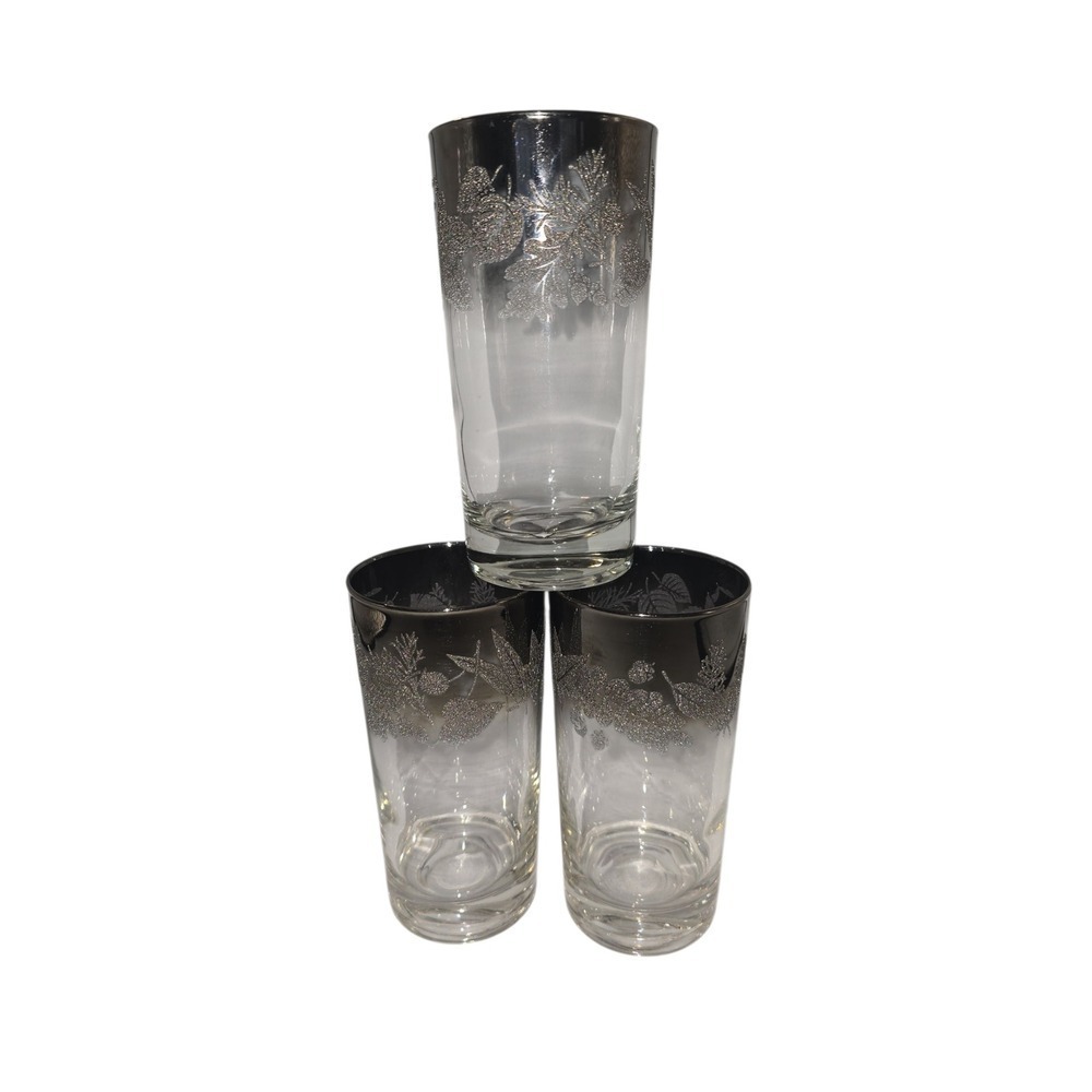 Vintage Silver Rim Highball Glasses Floral Leaf Design Set‎ of 3 Barware